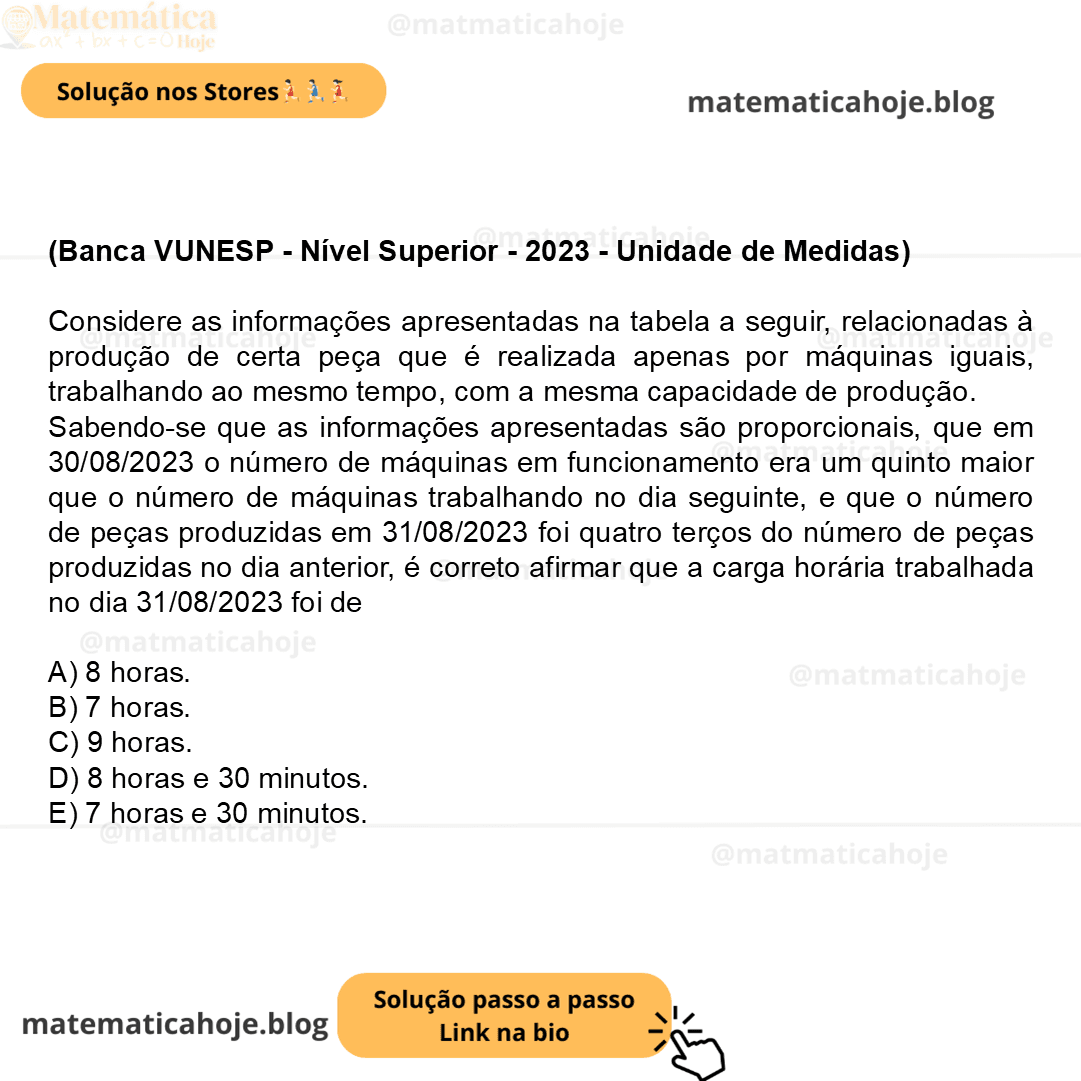 (Banca VUNESP - Nível Superior - 2023 - Unidade de Medidas) Considere as informações apresentadas na tabela a seguir, relacionadas à produção de certa peça que é realizada apenas por máquinas iguais, trabalhando ao mesmo tempo, com a mesma capacidade de produção. Sabendo-se que as informações apresentadas são proporcionais, que em 30/08/2023 o número de máquinas em funcionamento era um quinto maior que o número de máquinas trabalhando no dia seguinte, e que o número de peças produzidas em 31/08/2023 foi quatro terços do número de peças produzidas no dia anterior, é correto afirmar que a carga horária trabalhada no dia 31/08/2023 foi de A) 8 horas. B) 7 horas. C) 9 horas. D) 8 horas e 30 minutos. E) 7 horas e 30 minutos.