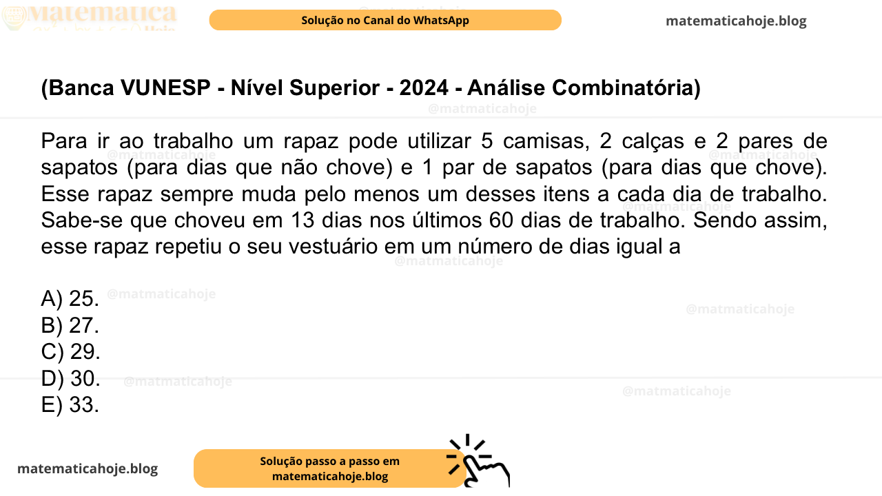 (Banca VUNESP - Nível Superior - 2024 - Análise Combinatória) Para ir ao trabalho um rapaz pode utilizar 5 camisas, 2 calças e 2 pares de sapatos (para dias que não chove) e 1 par de sapatos (para dias que chove). Esse rapaz sempre muda pelo menos um desses itens a cada dia de trabalho. Sabe-se que choveu em 13 dias nos últimos 60 dias de trabalho. Sendo assim, esse rapaz repetiu o seu vestuário em um número de dias igual a A) 25. B) 27. C) 29. D) 30. E) 33.