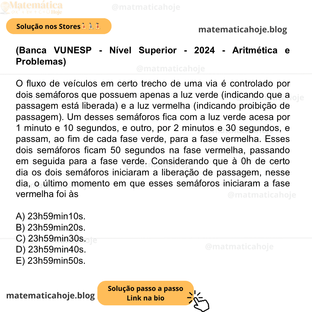 (Banca VUNESP - Nível Superior - 2024 - Aritmética e Problemas) O fluxo de veículos em certo trecho de uma via é controlado por dois semáforos que possuem apenas a luz verde (indicando que a passagem está liberada) e a luz vermelha (indicando proibição de passagem). Um desses semáforos fica com a luz verde acesa por 1 minuto e 10 segundos, e outro, por 2 minutos e 30 segundos, e passam, ao fim de cada fase verde, para a fase vermelha. Esses dois semáforos ficam 50 segundos na fase vermelha, passando em seguida para a fase verde. Considerando que à 0h de certo dia os dois semáforos iniciaram a liberação de passagem, nesse dia, o último momento em que esses semáforos iniciaram a fase vermelha foi às A) 23h59min10s. B) 23h59min20s. C) 23h59min30s. D) 23h59min40s. E) 23h59min50s.