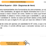 Banca VUNESP - Nível Superior - 2024 - Diagramas de Venn) Em uma votação para representantes dos funcionários de uma empresa, os votos poderiam ser em um ou em dois dos três candidatos, de agora em diante chamados de A, B e C. O vencedor seria o candidato que obtivesse o maior número de votos. Dentre os votos que foram dados apenas para um candidato, o candidato A obteve 2 votos a mais que o candidato C, que por sua vez obteve 2 votos a mais que o candidato B. Dentre os votos que foram dados a dois candidatos, a dupla A e C obteve 3 votos a menos do que a dupla A e B, que por sua vez obteve 2 votos a menos do que a dupla B e C. Sabendo que o total de votos em apenas um candidato foi 87 votos, e que o total de votos dados a dois candidatos foi 44 votos, é correto afirmar que o vencedor venceu com uma diferença para o segundo colocado de A) 7 votos. B) 5 votos. C) 4 votos. D) 3 votos. E) 1 voto.