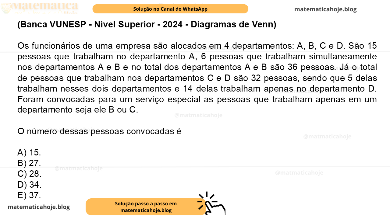 (Banca VUNESP - Nível Superior - 2024 - Diagramas de Venn) Os funcionários de uma empresa são alocados em 4 departamentos: A, B, C e D. São 15 pessoas que trabalham no departamento A, 6 pessoas que trabalham simultaneamente nos departamentos A e B e no total dos departamentos A e B são 36 pessoas. Já o total de pessoas que trabalham nos departamentos C e D são 32 pessoas, sendo que 5 delas trabalham nesses dois departamentos e 14 delas trabalham apenas no departamento D. Foram convocadas para um serviço especial as pessoas que trabalham apenas em um departamento seja ele B ou C. O número dessas pessoas convocadas é A) 15. B) 27. C) 28. D) 34. E) 37.