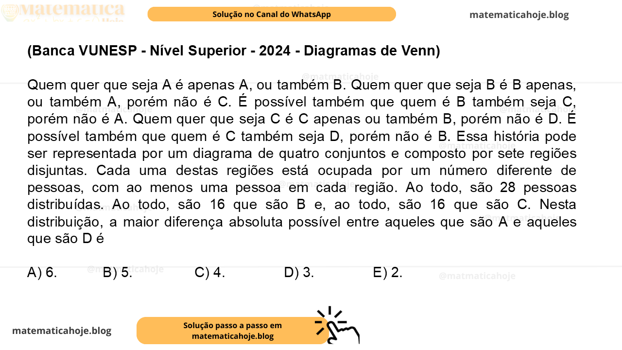 (Banca VUNESP - Nível Superior - 2024 - Diagramas de Venn) Quem quer que seja A é apenas A, ou também B. Quem quer que seja B é B apenas, ou também A, porém não é C. É possível também que quem é B também seja C, porém não é A. Quem quer que seja C é C apenas ou também B, porém não é D. É possível também que quem é C também seja D, porém não é B. Essa história pode ser representada por um diagrama de quatro conjuntos e composto por sete regiões disjuntas. Cada uma destas regiões está ocupada por um número diferente de pessoas, com ao menos uma pessoa em cada região. Ao todo, são 28 pessoas distribuídas. Ao todo, são 16 que são B e, ao todo, são 16 que são C. Nesta distribuição, a maior diferença absoluta possível entre aqueles que são A e aqueles que são D é A) 6. B) 5. C) 4. D) 3. E) 2.