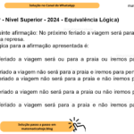 (Banca VUNESP - Nível Superior - 2024 - Equivalência Lógica) Considere a seguinte afirmação: No próximo feriado a viagem será para a praia ou iremos para perto de uma represa. Uma negação lógica para a afirmação apresentada é: A) No próximo feriado a viagem será ou para a praia ou iremos para perto de uma represa. B) No próximo feriado a viagem não será para a praia e iremos para perto de uma represa C) No próximo feriado a viagem não será para a praia e não iremos para perto de uma represa. D) No próximo feriado a viagem não será para a praia ou não iremos para perto de uma represa. E) No próximo feriado a viagem será para a praia e não iremos para perto de uma represa.