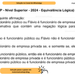 (Banca VUNESP - Nível Superior - 2024 - Equivalência Lógica) Considere a seguinte afirmação: Ou Flávio é funcionário público ou Flávio é funcionário de empresa privada. Assinale a alternativa que contém uma negação lógica para a afirmação apresentada. A) Ou Flávio não é funcionário público ou Flávio não é funcionário de empresa privada. B) Flávio é funcionário de empresa privada se, e somente se, ele é funcionário público. C) Se Flávio é funcionário público, então ele é funcionário de empresa privada. D) Flávio é funcionário de empresa privada e é funcionário público. E) Flávio é funcionário público ou é funcionário de empresa privada.