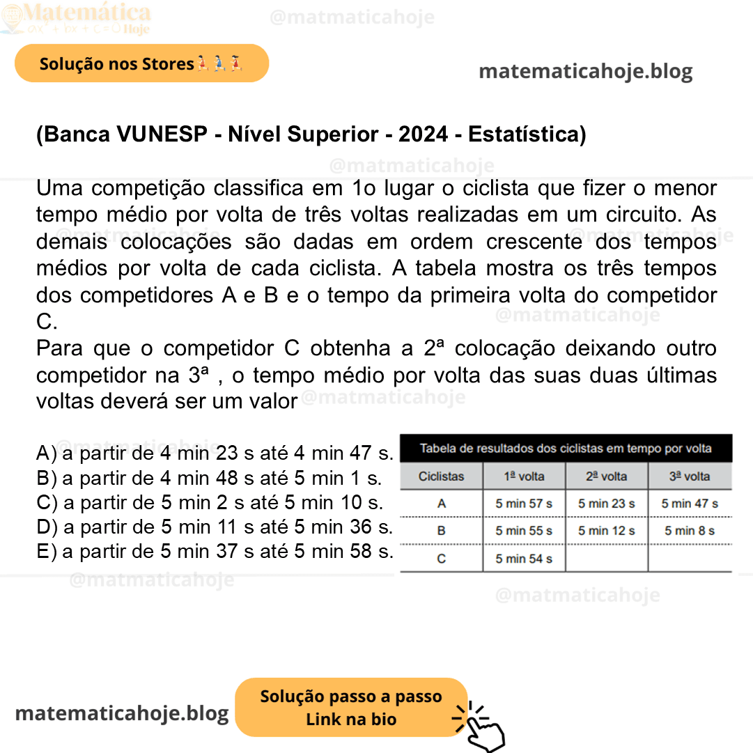 (Banca VUNESP - Nível Superior - 2024 - Estatística) Uma competição classifica em 1o lugar o ciclista que fizer o menor tempo médio por volta de três voltas realizadas em um circuito. As demais colocações são dadas em ordem crescente dos tempos médios por volta de cada ciclista. A tabela mostra os três tempos dos competidores A e B e o tempo da primeira volta do competidor C. Para que o competidor C obtenha a 2ª colocação deixando outro competidor na 3ª , o tempo médio por volta das suas duas últimas voltas deverá ser um valor A) a partir de 4 min 23 s até 4 min 47 s. B) a partir de 4 min 48 s até 5 min 1 s. C) a partir de 5 min 2 s até 5 min 10 s. D) a partir de 5 min 11 s até 5 min 36 s. E) a partir de 5 min 37 s até 5 min 58 s.