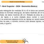 (Banca VUNESP - Nível Superior - 2024 - Geometria Básica) O piso de uma sala retangular de medidas 8 m e 6 m deve ser revestido com dois tipos de lajotas: uma delas no formato retangular, de lados medindo 25 cm e 10 cm, e a outra no formato quadrado, de lados medindo 20 cm. Metade da área do piso da sala deve conter um tipo de lajota e a outra metade deve conter o outro tipo de lajota. Desconsiderando os possíveis espaços entre as lajotas ao serem assentadas e também a distribuição delas na sala, o número mínimo total dessas lajotas, necessárias para o revestimento da sala, é igual a A) 1400. B) 1560. C) 1620. D) 1680. E) 1740.