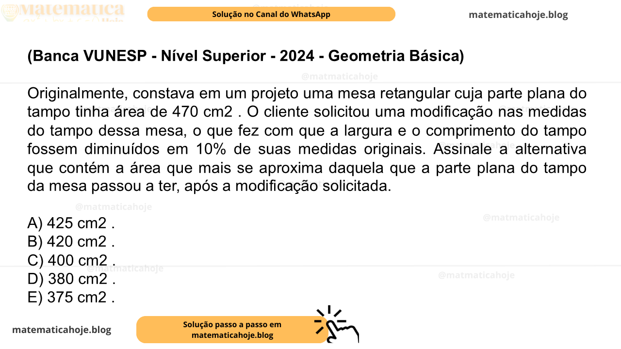 (Banca VUNESP - Nível Superior - 2024 - Geometria Básica) Originalmente, constava em um projeto uma mesa retangular cuja parte plana do tampo tinha área de 470 cm2 . O cliente solicitou uma modificação nas medidas do tampo dessa mesa, o que fez com que a largura e o comprimento do tampo fossem diminuídos em 10% de suas medidas originais. Assinale a alternativa que contém a área que mais se aproxima daquela que a parte plana do tampo da mesa passou a ter, após a modificação solicitada. A) 425 cm2 . B) 420 cm2 . C) 400 cm2 . D) 380 cm2 . E) 375 cm2 .