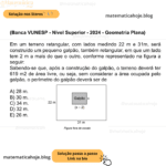 (Banca VUNESP - Nível Superior - 2024 - Geometria Plana) Em um terreno retangular, com lados medindo 22 m e 31m, será construído um pequeno galpão, também retangular, em que um lado tem 2 m a mais do que o outro, conforme representado na figura a seguir: Sabendo-se que, após a construção do galpão, o terreno deverá ter 619 m2 de área livre, ou seja, sem considerar a área ocupada pelo galpão, o perímetro do galpão deverá ser de A) 28 m. B) 30 m. C) 34 m. D) 32 m. E) 26 m.