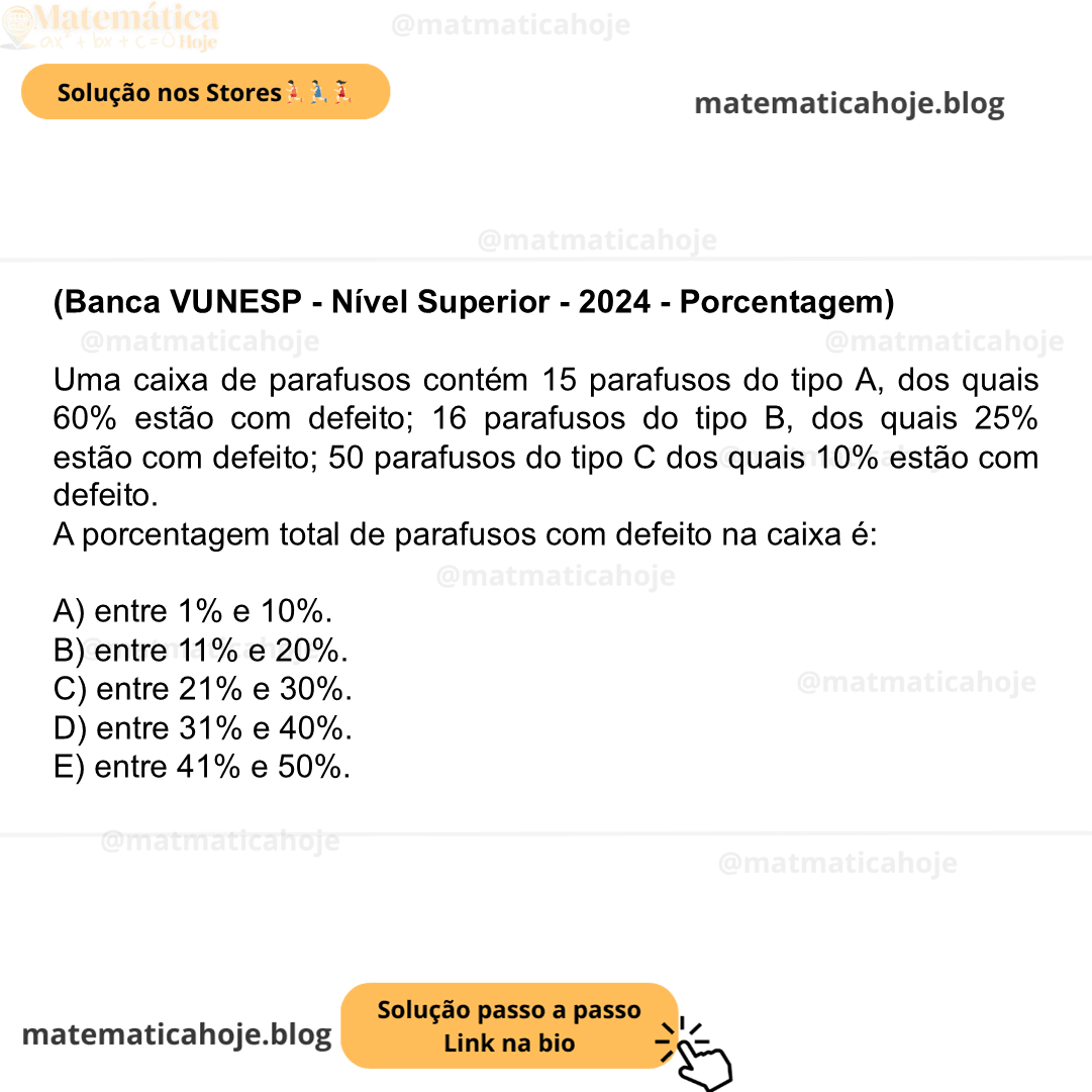 (Banca VUNESP - Nível Superior - 2024 - Porcentagem) Uma caixa de parafusos contém 15 parafusos do tipo A, dos quais 60% estão com defeito; 16 parafusos do tipo B, dos quais 25% estão com defeito; 50 parafusos do tipo C dos quais 10% estão com defeito. A porcentagem total de parafusos com defeito na caixa é: A) entre 1% e 10%. B) entre 11% e 20%. C) entre 21% e 30%. D) entre 31% e 40%. E) entre 41% e 50%.