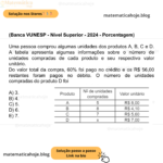(Banca VUNESP - Nível Superior - 2024 - Porcentagem) Uma pessoa comprou algumas unidades dos produtos A, B, C e D. A tabela apresenta algumas informações sobre o número de unidades compradas de cada produto e seu respectivo valor unitário. Do valor total da compra, 60% foi pago no crédito e os R$ 56,00 restantes foram pagos no débito. O número de unidades compradas do produto D foi A) 3. B) 4. C) 5. D) 6. E) 7.