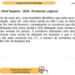 (Banca VUNESP - Nível Superior - 2024 - Problemas Lógicos) No dia 31 de janeiro de certo ano, uma imobiliária identificou que entre seus 120 corretores, alguns haviam efetuado, cada um, uma única venda no mês e que os demais não haviam feito venda alguma. No mês de fevereiro, considerando os corretores que não fizeram venda em janeiro, 20% efetuaram uma única venda e 30% efetuaram duas vendas e, considerando aqueles que fizeram vendas em janeiro, 9 corretores efetuaram uma única venda cada. Sabendo que nenhuma outra venda foi efetuada em fevereiro e que o total de vendas efetuadas no ano até esse momento era 111, o número de corretores que não haviam efetuado vendas até o fim de fevereiro era. A) 35. B) 40. C) 45. D) 50. E) 55.