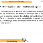 (Banca VUNESP - Nível Superior - 2024 - Problemas Lógicos) Um grupo com 15 crianças e 6 adultos será divido em equipes, formadas por crianças e adultos, de modo que, em todas as equipes haja o mesmo número de crianças, e também o mesmo número de adultos, sem sobrar ninguém depois de feita a divisão. Se for formada a maior quantidade possível de equipes dentro dessas condições, a diferença entre o número de crianças e o número de adultos, em cada equipe, será igual a A) 1. B) 2. C) 3. D) 4.
