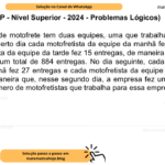 (Banca VUNESP - Nível Superior - 2024 - Problemas Lógicos) Uma empresa de motofrete tem duas equipes, uma que trabalha pela manhã e outra à tarde. Certo dia cada motofretista da equipe da manhã fez 22 entregas e cada motofretista da equipe da tarde fez 15 entregas, de maneira que, nesse dia, a empresa fez um total de 884 entregas. No dia seguinte, cada motofretista da equipe da manhã fez 27 entregas e cada motofretista da equipe da tarde fez 12 entregas, de maneira que, nesse segundo dia, a empresa fez um total de 1 008 entregas. O número de motofretistas que trabalha para essa empresa é A) 40. B) 42. C) 44. D) 46. E) 48.