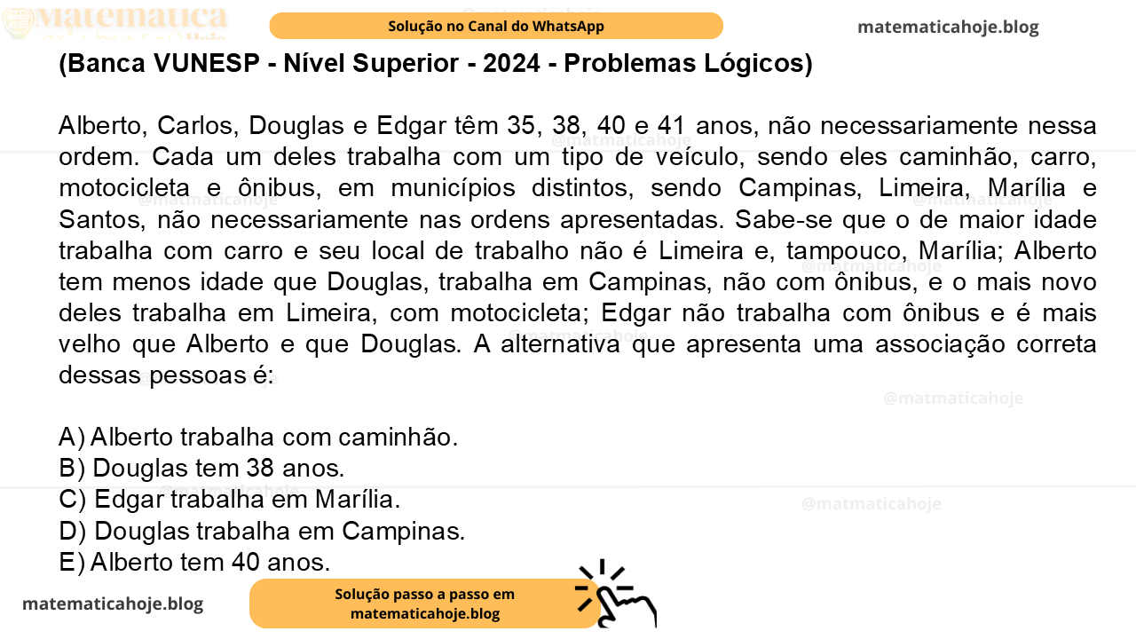 (Banca VUNESP - Nível Superior - 2024 - Problemas Lógicos) Alberto, Carlos, Douglas e Edgar têm 35, 38, 40 e 41 anos, não necessariamente nessa ordem. Cada um deles trabalha com um tipo de veículo, sendo eles caminhão, carro, motocicleta e ônibus, em municípios distintos, sendo Campinas, Limeira, Marília e Santos, não necessariamente nas ordens apresentadas. Sabe-se que o de maior idade trabalha com carro e seu local de trabalho não é Limeira e, tampouco, Marília; Alberto tem menos idade que Douglas, trabalha em Campinas, não com ônibus, e o mais novo deles trabalha em Limeira, com motocicleta; Edgar não trabalha com ônibus e é mais velho que Alberto e que Douglas. A alternativa que apresenta uma associação correta dessas pessoas é: A) Alberto trabalha com caminhão. B) Douglas tem 38 anos. C) Edgar trabalha em Marília. D) Douglas trabalha em Campinas. E) Alberto tem 40 anos.