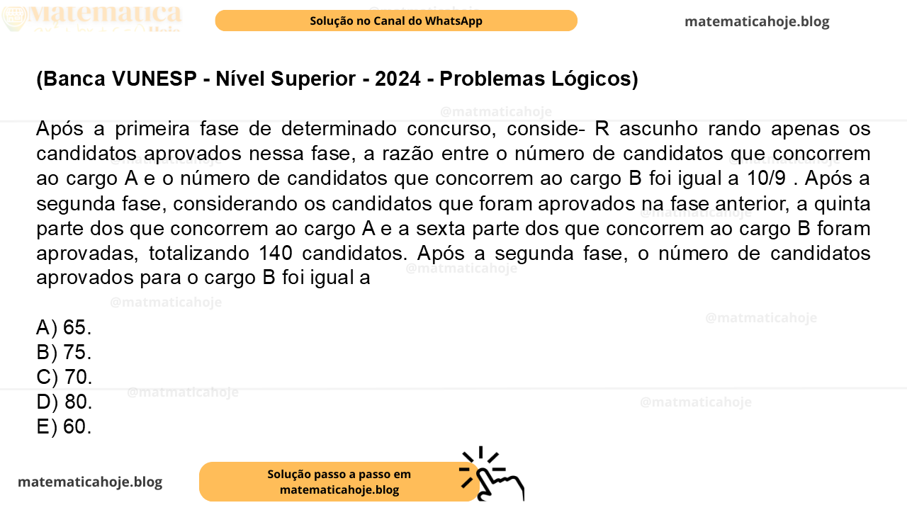 (Banca VUNESP - Nível Superior - 2024 - Problemas Lógicos) Após a primeira fase de determinado concurso, conside- R ascunho rando apenas os candidatos aprovados nessa fase, a razão entre o número de candidatos que concorrem ao cargo A e o número de candidatos que concorrem ao cargo B foi igual a 10/9 . Após a segunda fase, considerando os candidatos que foram aprovados na fase anterior, a quinta parte dos que concorrem ao cargo A e a sexta parte dos que concorrem ao cargo B foram aprovadas, totalizando 140 candidatos. Após a segunda fase, o número de candidatos aprovados para o cargo B foi igual a A) 65. B) 75. C) 70. D) 80. E) 60.