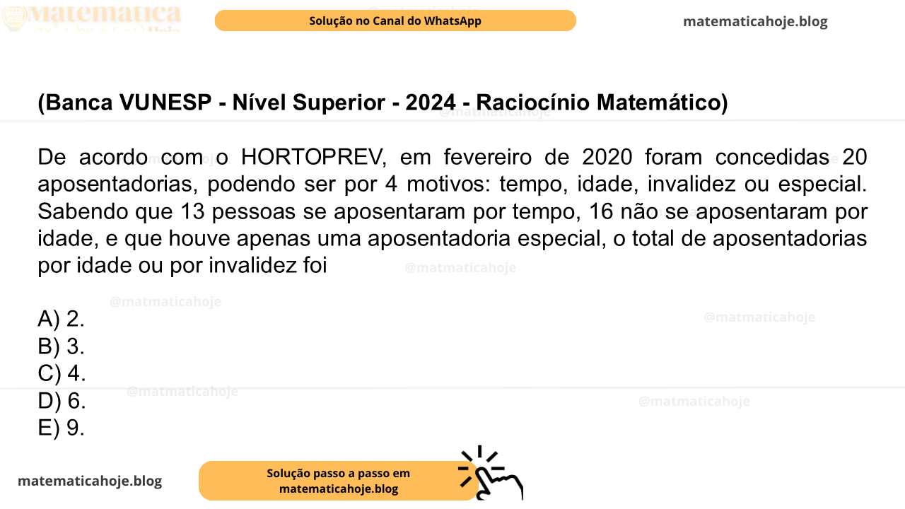 (Banca VUNESP - Nível Superior - 2024 - Raciocínio Matemático) De acordo com o HORTOPREV, em fevereiro de 2020 foram concedidas 20 aposentadorias, podendo ser por 4 motivos: tempo, idade, invalidez ou especial. Sabendo que 13 pessoas se aposentaram por tempo, 16 não se aposentaram por idade, e que houve apenas uma aposentadoria especial, o total de aposentadorias por idade ou por invalidez foi A) 2. B) 3. C) 4. D) 6. E) 9.