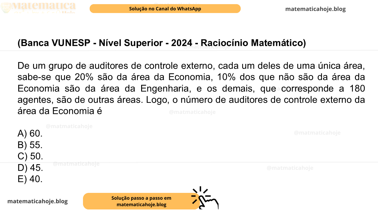 (Banca VUNESP - Nível Superior - 2024 - Raciocínio Matemático) De um grupo de auditores de controle externo, cada um deles de uma única área, sabe-se que 20% são da área da Economia, 10% dos que não são da área da Economia são da área da Engenharia, e os demais, que corresponde a 180 agentes, são de outras áreas. Logo, o número de auditores de controle externo da área da Economia é A) 60. B) 55. C) 50. D) 45. E) 40.