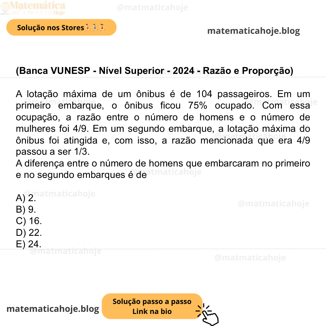 (Banca VUNESP - Nível Superior - 2024 - Razão e Proporção) A lotação máxima de um ônibus é de 104 passageiros. Em um primeiro embarque, o ônibus ficou 75% ocupado. Com essa ocupação, a razão entre o número de homens e o número de mulheres foi 4/9. Em um segundo embarque, a lotação máxima do ônibus foi atingida e, com isso, a razão mencionada que era 4/9 passou a ser 1/3. A diferença entre o número de homens que embarcaram no primeiro e no segundo embarques é de A) 2. B) 9. C) 16. D) 22. E) 24.
