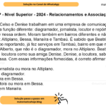 (Banca VUNESP - Nível Superior - 2024 - Relacionamentos e Associações) Alberto, Beatriz, Celso e Denise trabalham em uma empresa de comunicação. Cada um deles exerce uma função diferente: diagramador, jornalista, locutor e repórter, não necessariamente nessa ordem. Moram também em bairros diferentes e não respectivamente: Altiplano, Bessa, Manaíra e Tambaú. É sabido que Beatriz, que está quase sempre em campo reportando, já fez serviços em Tambaú, bairro em que mora o diagramador. Já Alberto, que não é o diagramador, mora no Altiplano. Beatriz, que não mora em Bessa, não é locutora como sua amiga Denise. Denise, a locutora, sabe que a repórter não mora em Bessa. Com essas informações fornecidas, é correto afirmar que A) ou Alberto é jornalista ou mora no Altiplano. B) Celso não é o diagramador. C) a locutora mora em Bessa. D) Beatriz é locutora ou mora em Bessa. E) Denise mora em Manaíra.