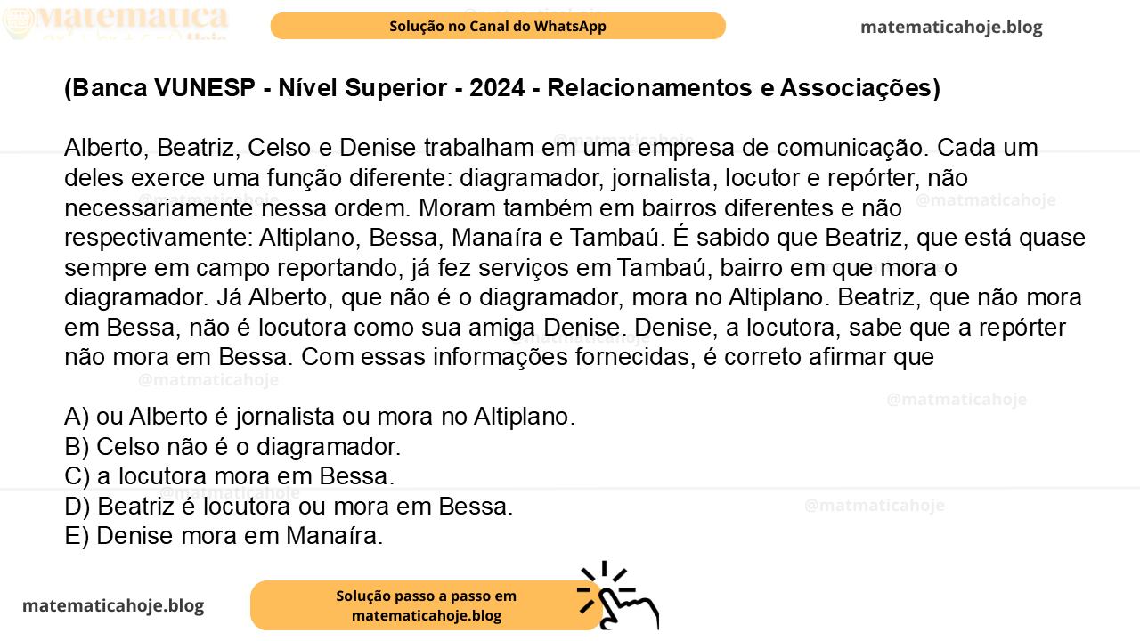 (Banca VUNESP - Nível Superior - 2024 - Relacionamentos e Associações) Alberto, Beatriz, Celso e Denise trabalham em uma empresa de comunicação. Cada um deles exerce uma função diferente: diagramador, jornalista, locutor e repórter, não necessariamente nessa ordem. Moram também em bairros diferentes e não respectivamente: Altiplano, Bessa, Manaíra e Tambaú. É sabido que Beatriz, que está quase sempre em campo reportando, já fez serviços em Tambaú, bairro em que mora o diagramador. Já Alberto, que não é o diagramador, mora no Altiplano. Beatriz, que não mora em Bessa, não é locutora como sua amiga Denise. Denise, a locutora, sabe que a repórter não mora em Bessa. Com essas informações fornecidas, é correto afirmar que A) ou Alberto é jornalista ou mora no Altiplano. B) Celso não é o diagramador. C) a locutora mora em Bessa. D) Beatriz é locutora ou mora em Bessa. E) Denise mora em Manaíra.