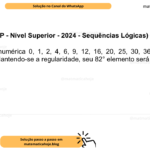 (Banca VUNESP - Nível Superior - 2024 - Sequências Lógicas) Na sequência numérica 0, 1, 2, 4, 6, 9, 12, 16, 20, 25, 30, 36, ..., o primeiro elemento é 0. Mantendo-se a regularidade, seu 82° elemento será o número: A) 1521. B) 1600. C) 1681. D) 1764. E) 1849.