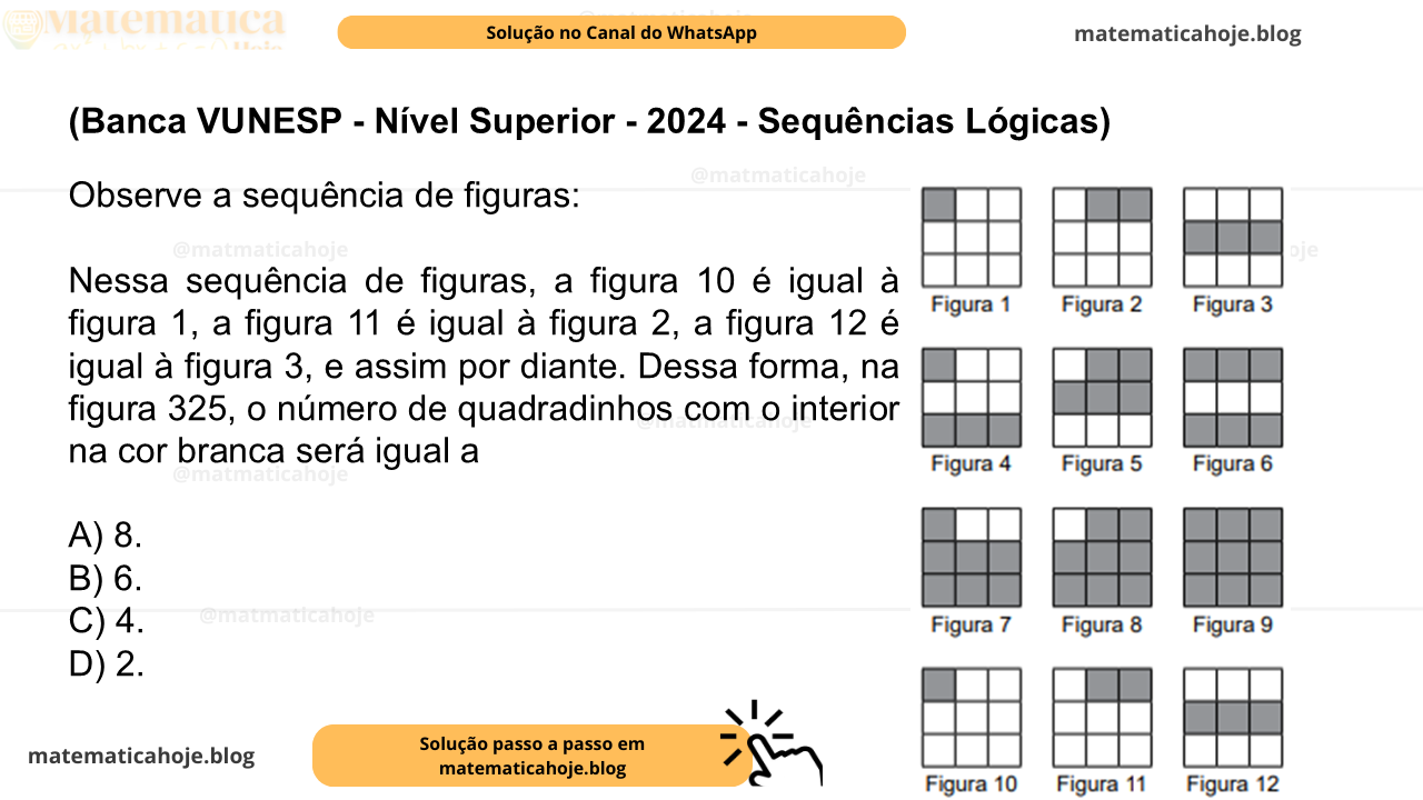 (Banca VUNESP - Nível Superior - 2024 - Sequências Lógicas) Observe a sequência de figuras: Nessa sequência de figuras, a figura 10 é igual à figura 1, a figura 11 é igual à figura 2, a figura 12 é igual à figura 3, e assim por diante. Dessa forma, na figura 325, o número de quadradinhos com o interior na cor branca será igual a A) 8. B) 6. C) 4. D) 2. E) 0.
