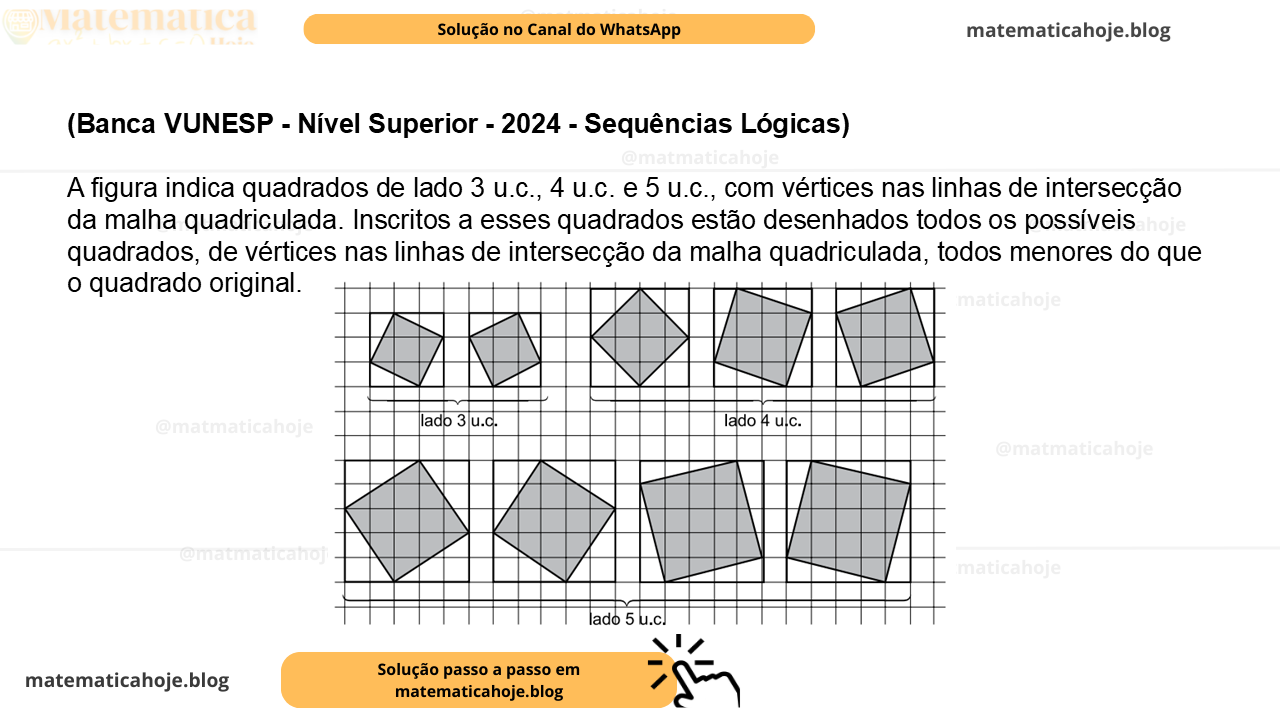 (Banca VUNESP - Nível Superior - 2024 - Sequências Lógicas) A figura indica quadrados de lado 3 u.c., 4 u.c. e 5 u.c., com vértices nas linhas de intersecção da malha quadriculada. Inscritos a esses quadrados estão desenhados todos os possíveis quadrados, de vértices nas linhas de intersecção da malha quadriculada, todos menores do que o quadrado original. A tabela a seguir resume algumas informações a respeito dessa sequência de figuras. Completando a tabela com dados do quadrado de lado 6 u.c., a área do maior quadrado inscrito será igual a A) 18 u.a. B) 12 u.a. C) 24 u.a. D) 26 u.a. E) 28 u.a.