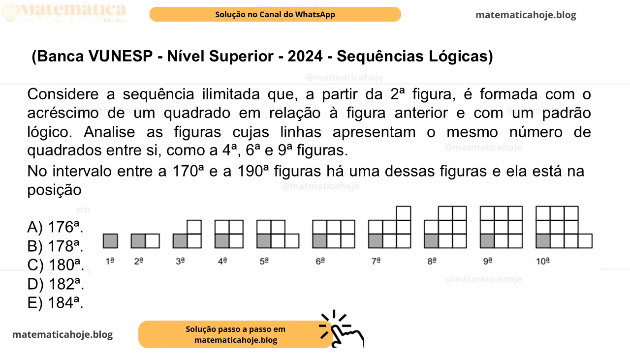 (Banca VUNESP - Nível Superior - 2024 - Sequências Lógicas) Considere a sequência ilimitada que, a partir da 2ª figura, é formada com o acréscimo de um quadrado em relação à figura anterior e com um padrão lógico. Analise as figuras cujas linhas apresentam o mesmo número de quadrados entre si, como a 4ª, 6ª e 9ª figuras. No intervalo entre a 170ª e a 190ª figuras há uma dessas figuras e ela está na posição A) 176ª. B) 178ª. C) 180ª. D) 182ª. E) 184ª.