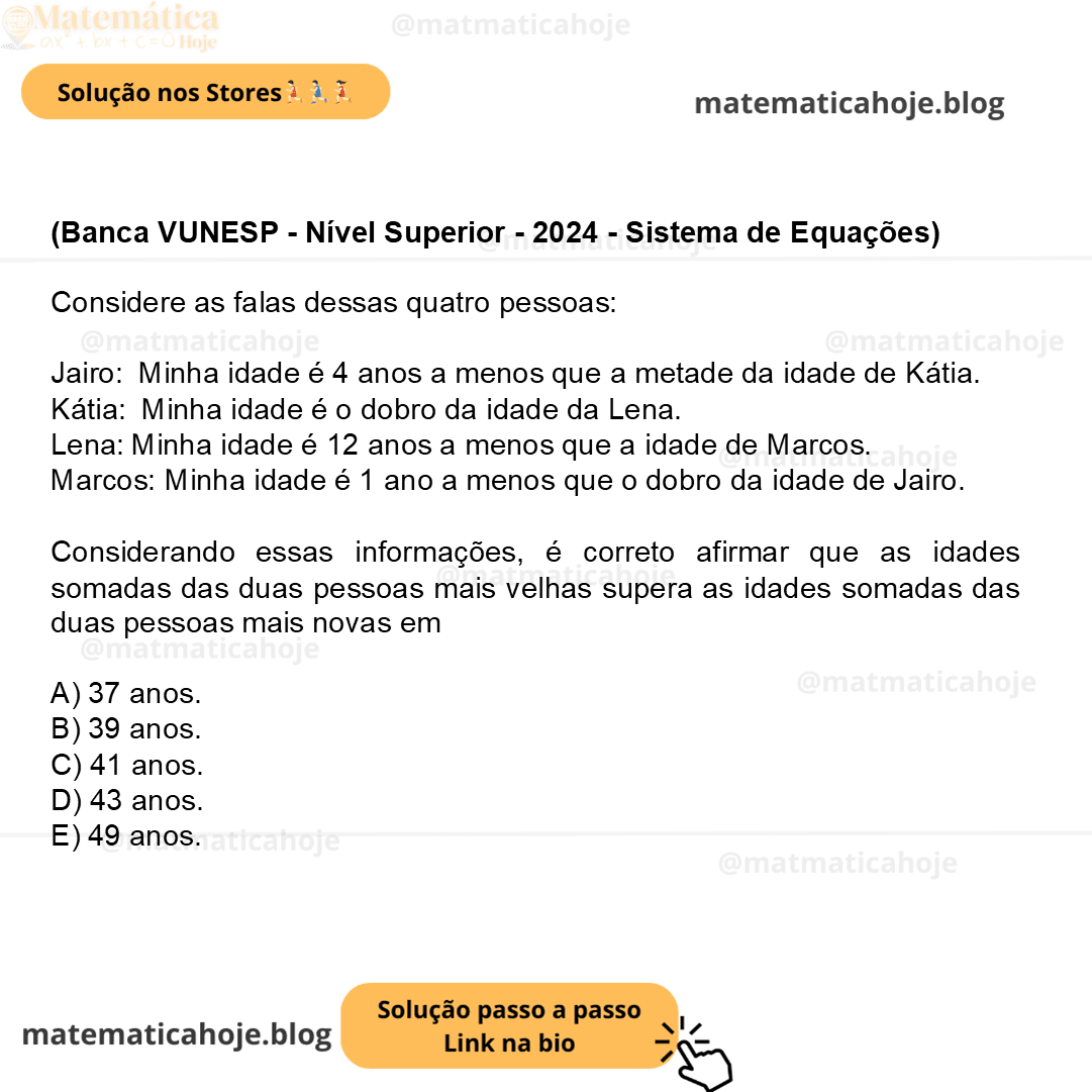 (Banca VUNESP - Nível Superior - 2024 - Sistema de Equações) Considere as falas dessas quatro pessoas: Jairo: – Minha idade é 4 anos a menos que a metade da idade de Kátia. Kátia: – Minha idade é o dobro da idade da Lena. Lena: – Minha idade é 12 anos a menos que a idade de Marcos. Marcos: – Minha idade é 1 ano a menos que o dobro da idade de Jairo. Considerando essas informações, é correto afirmar que as idades somadas das duas pessoas mais velhas supera as idades somadas das duas pessoas mais novas em A) 37 anos. B) 39 anos. C) 41 anos. D) 43 anos. E) 49 anos.