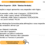 (Banca VUNESP - Nível Superior - 2024 - Tabelas-Verdade) Cada uma das afirmações a seguir apresenta o seu respectivo valor lógico. I. Se Francisco não é pescador, então José é barqueiro. VERDADEIRA. II. Se Dalva é costureira, então Laura é artesã. VERDADEIRA. III. Se Manoel não é motorista, então Dalva é costureira. VERDADEIRA. IV. José é barqueiro ou Laura é artesã. FALSA. Tomando por base as informações fornecidas pelas afirmações e seus respectivos valores lógicos, é logicamente verdadeiro afirmar que A) Dalva é costureira e Manoel é motorista. B) Laura é artesã e José não é barqueiro. C) Francisco não é pescador ou Dalva é costureira. D) Se Laura não é artesã, então Francisco não é pescador. E) Manoel não é motorista ou Francisco é pescador.
