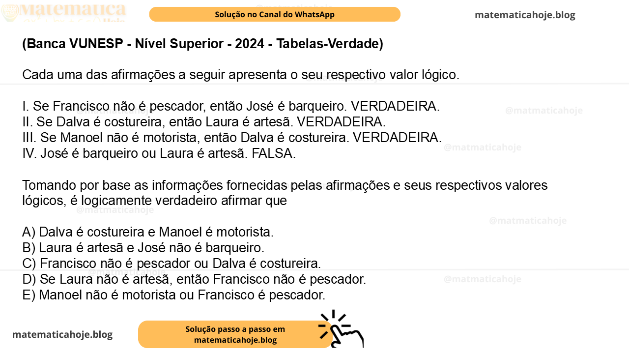(Banca VUNESP - Nível Superior - 2024 - Tabelas-Verdade) Cada uma das afirmações a seguir apresenta o seu respectivo valor lógico. I. Se Francisco não é pescador, então José é barqueiro. VERDADEIRA. II. Se Dalva é costureira, então Laura é artesã. VERDADEIRA. III. Se Manoel não é motorista, então Dalva é costureira. VERDADEIRA. IV. José é barqueiro ou Laura é artesã. FALSA. Tomando por base as informações fornecidas pelas afirmações e seus respectivos valores lógicos, é logicamente verdadeiro afirmar que A) Dalva é costureira e Manoel é motorista. B) Laura é artesã e José não é barqueiro. C) Francisco não é pescador ou Dalva é costureira. D) Se Laura não é artesã, então Francisco não é pescador. E) Manoel não é motorista ou Francisco é pescador.