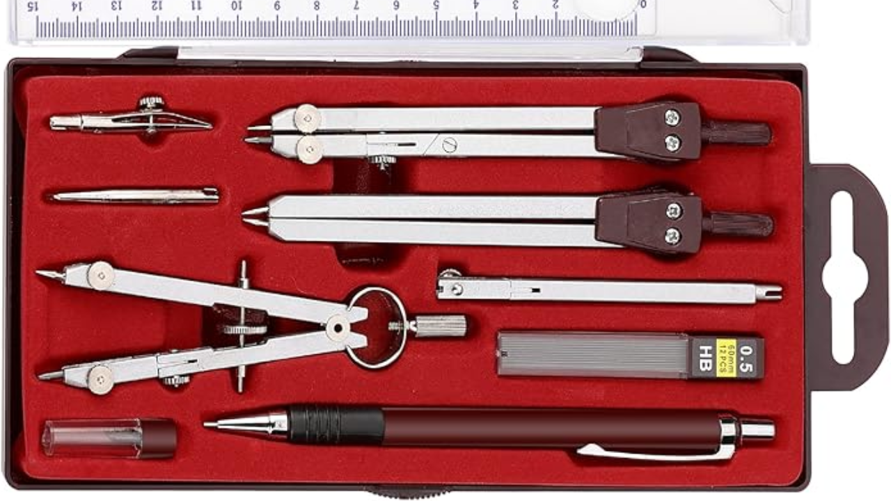 Conjunto de geometria 13 peças Ferramentas de desenho geométrico Kit de bússola e transferidor Conjunto de régua e triângulos Material de geometria matemática Ferramentas para desenho técnico Instrumentos de precisão para estudantes Kit de geometria para artistas DIY Estojo robusto para ferramentas geométricas Conjunto de bússolas gráficas de alta qualidade