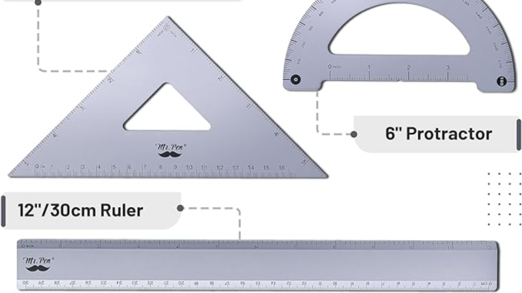 Conjunto de geometria Mr. Pen Kit de geometria 4 peças Ferramentas de desenho geométrico Régua de alumínio Triângulos de metal para desenho Transferidor de alta precisão Instrumentos geométricos para estudantes Material de geometria para profissionais Conjunto de medição e desenho técnico Ferramentas para projetos artísticos e matemáticos