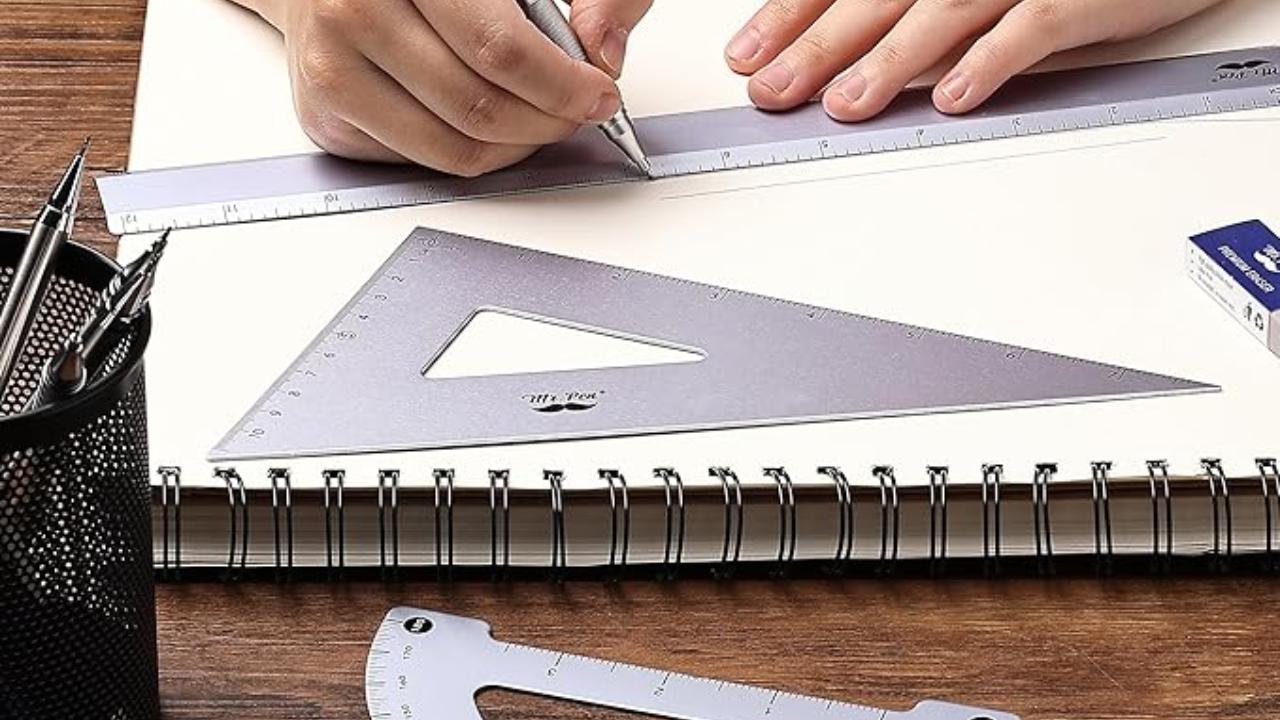 Conjunto de geometria Mr. Pen Kit de geometria 4 peças Ferramentas de desenho geométrico Régua de alumínio Triângulos de metal para desenho Transferidor de alta precisão Instrumentos geométricos para estudantes Material de geometria para profissionais Conjunto de medição e desenho técnico Ferramentas para projetos artísticos e matemáticos