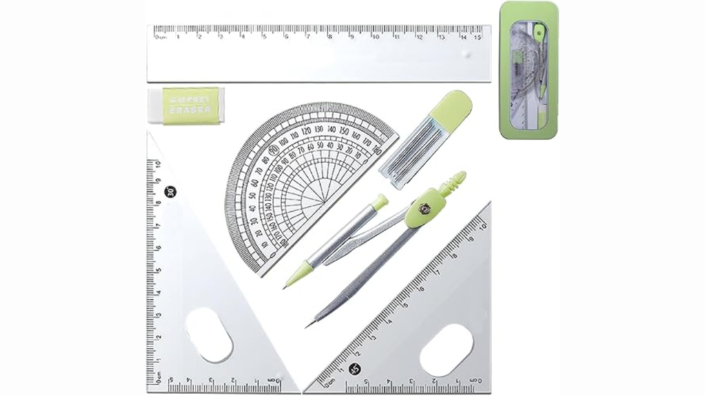 Conjunto de geometria Generic Kit de ferramentas matemáticas Bússola e régua para estudantes Ferramentas geométricas duráveis Kit de geometria para desenho Material escolar de precisão Transferidor e triângulos de alta qualidade Ferramentas para projetos artísticos e técnicos Caixa compacta para instrumentos geométricos
