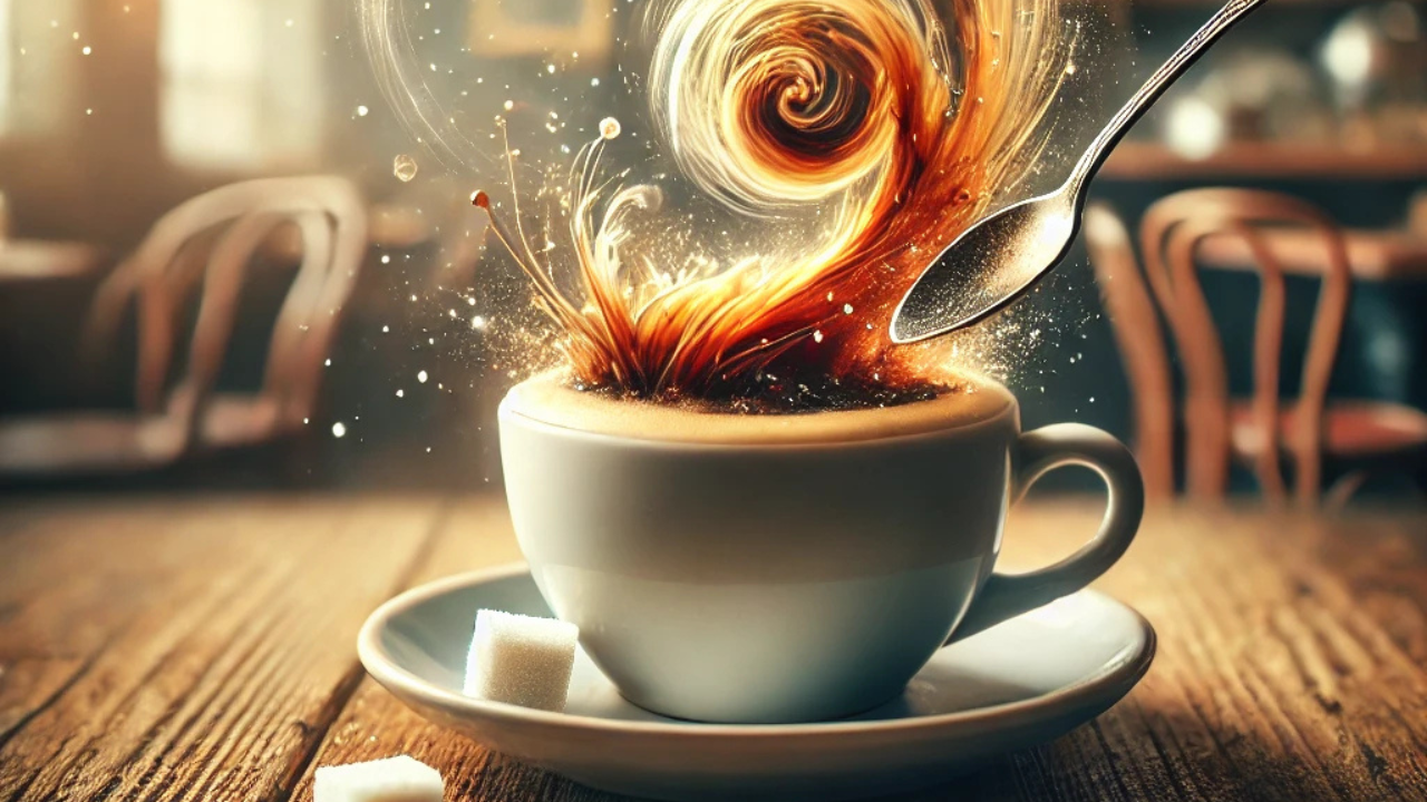 Mexer café Movimento caótico Matemática aplicada Café perfeito Mistura homogênea Dicas para adoçar café Equações diferenciais no cotidiano Técnica para mexer café Movimento circular café Truques de café