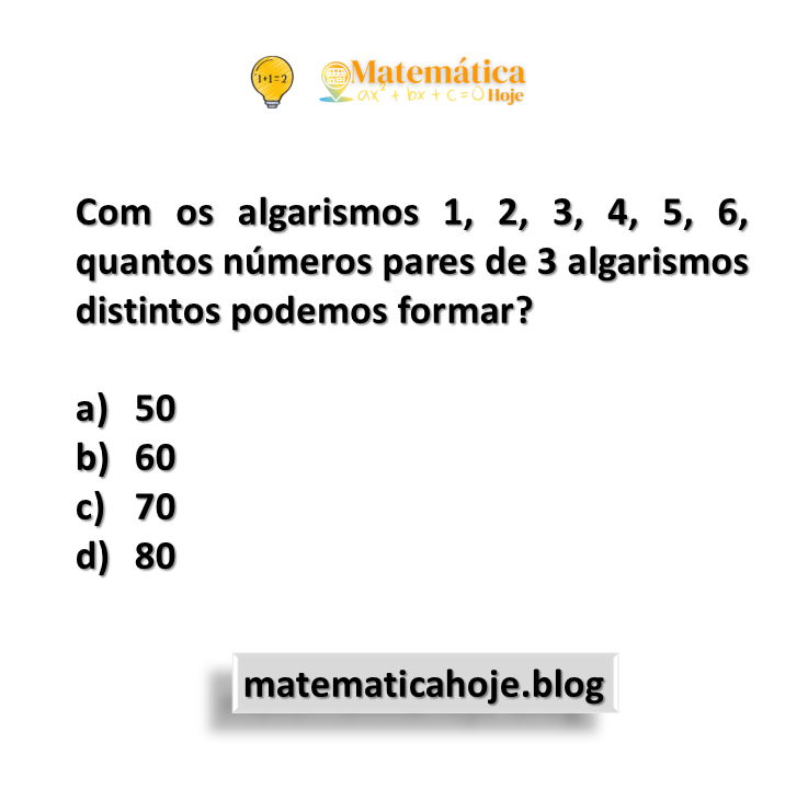 Com os algarismos 1, 2, 3, 4, 5, 6, quantos números pares de 3 algarismos distintos podemos formar?