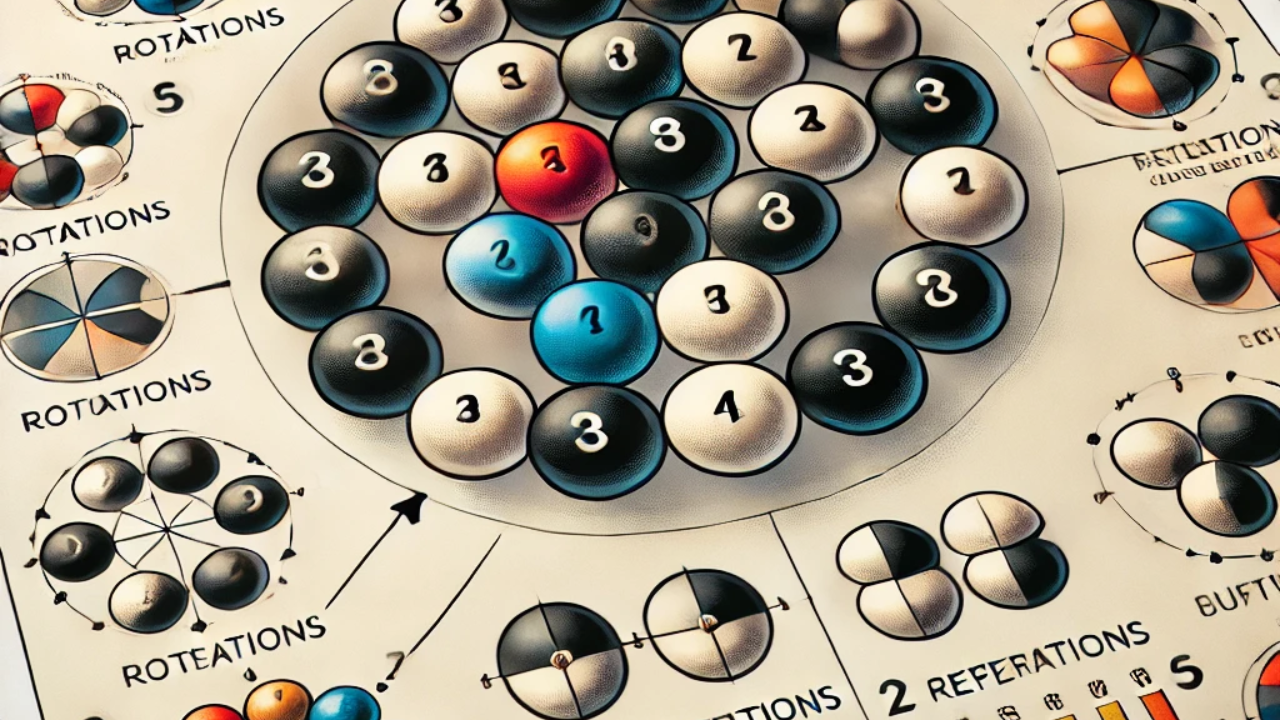 Aqui está uma ilustração educativa que explica o conceito de permutação circular com repetição, utilizando o exemplo de bolas pretas e brancas organizadas em um círculo. Ela destaca como as repetições e rotações influenciam o número de arranjos distintos.