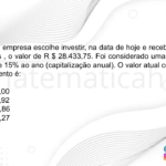 (IBFC - 2022) Uma pequena empresa escolhe investir, na data de hoje e receberá , no final de 02 (dois) anos , o valor de R $ 28.433,75. Foi considerado uma taxa mínima de atratividade de 15% ao ano (capitalização anual). O valor atual correspondente a esse investimento é: A) R $ 21.500,00 B) R $ 22.603,92 C) R $ 24.725,86 D) R $ 27.808,27