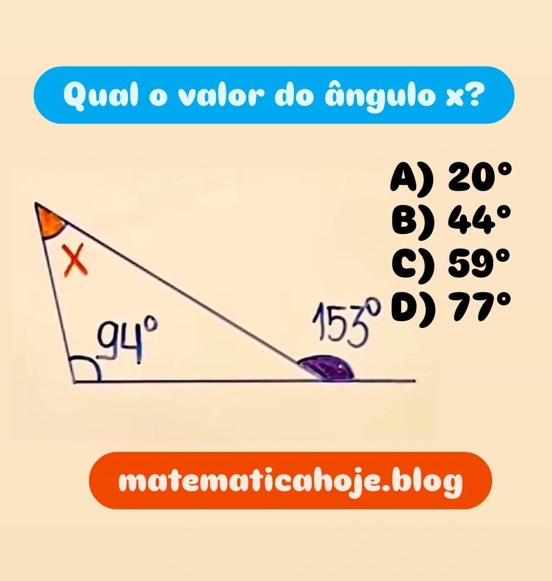 Soma dos ângulos internos do triângulo Ângulo externo e suplementar Questão de geometria ângulos Cálculo do ângulo interno Ângulos suplementares no triângulo Exercício sobre ângulos no triângulo Problemas de geometria básica Ângulos adjacentes no triângulo Questão resolvida de geometria Matemática para concursos: ângulos