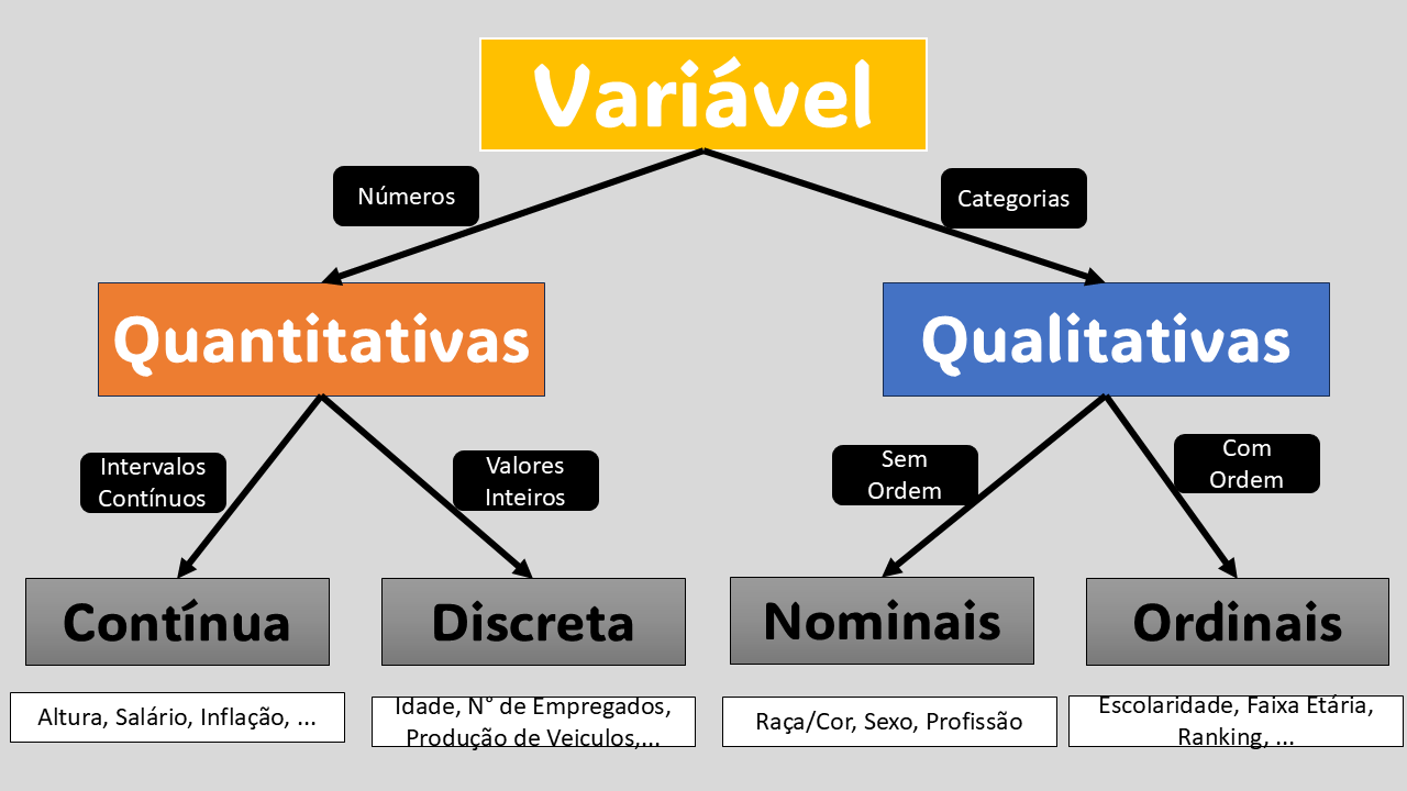 O que é uma variável na estatística? Quais são os 4 tipos de variáveis? O que são variáveis exemplo? O que é variável qualitativa e quantitativa?