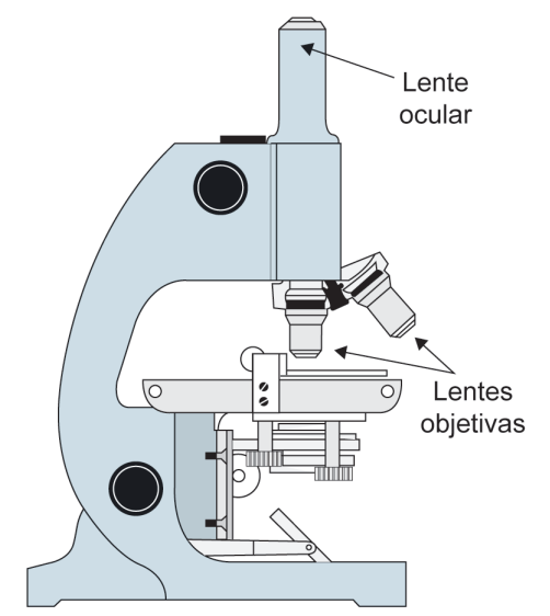 Microscópio óptico com lente ocular e lentes objetivas