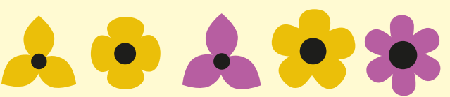 Cinco flores com cores e pétalas diferentes