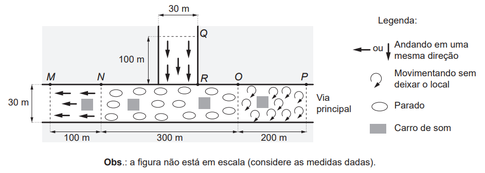Esboço geométrico com três trechos na via principal (MN, NO, OP) e um trecho na via afluente (QR), com dimensões e padrões de movimento.