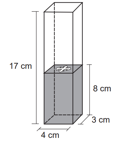 Recipiente 4 cm × 3 cm de base, altura com água 8 cm, precisa chegar a 15 cm; bolinhas de 6 cm³ totalmente submersas