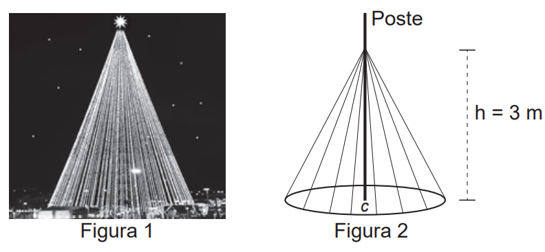 Poste com iluminação em forma de cone; altura do ponto superior até a base 3 m; mangueiras formando 20 segmentos iguais até uma circunferência de fixação