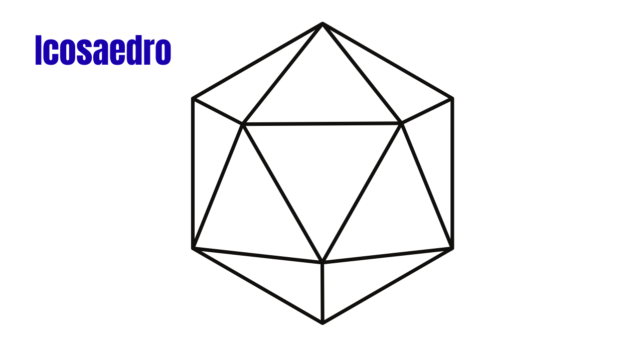 Desenho de um icosaedro regular com triângulos equiláteros.