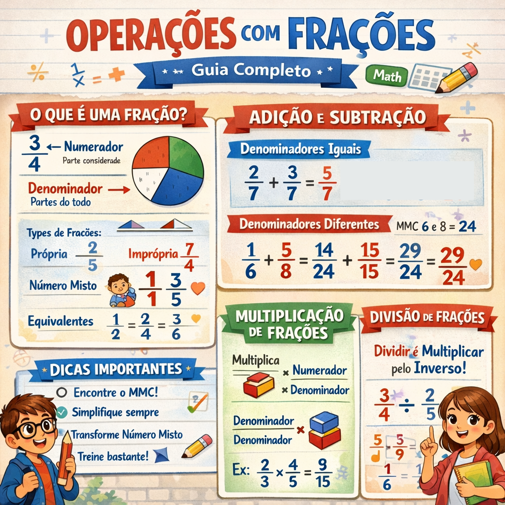 Infográfico sobre operações com frações: adição, subtração, multiplicação e divisão.