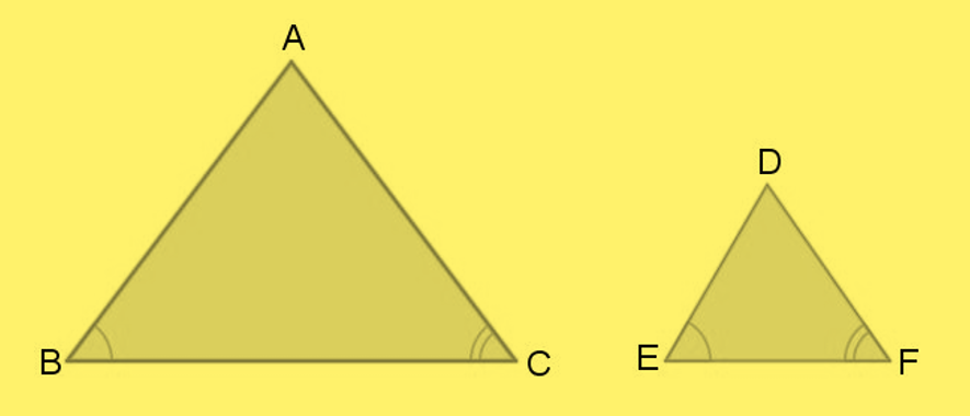 Ilustração de triângulos semelhantes com lados proporcionais e ângulos correspondentes iguais.