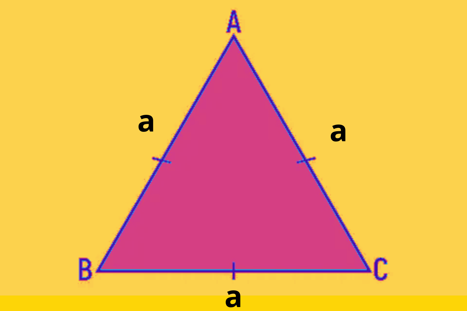 Triângulo equilátero com lados a, vértices A, B, C e marcações de congruência